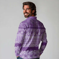 Hawaiian Hibiscus Honu Long Sleeve Polo Shirt Purple Mele Kalikimaka Palaka Spirit LT9 - Polynesian Pride