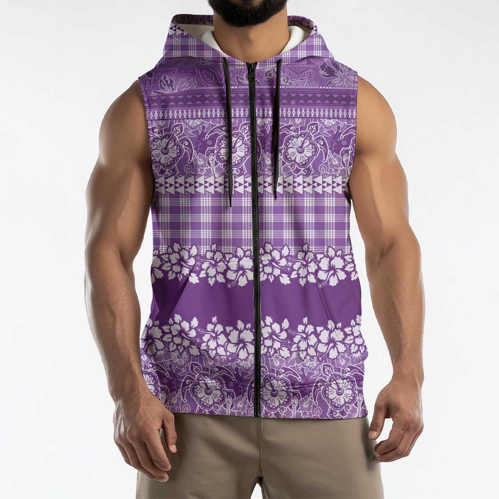 Hawaiian Hibiscus Honu Sleeveless Zip Hoodie Purple Mele Kalikimaka Palaka Spirit LT9 - Polynesian Pride