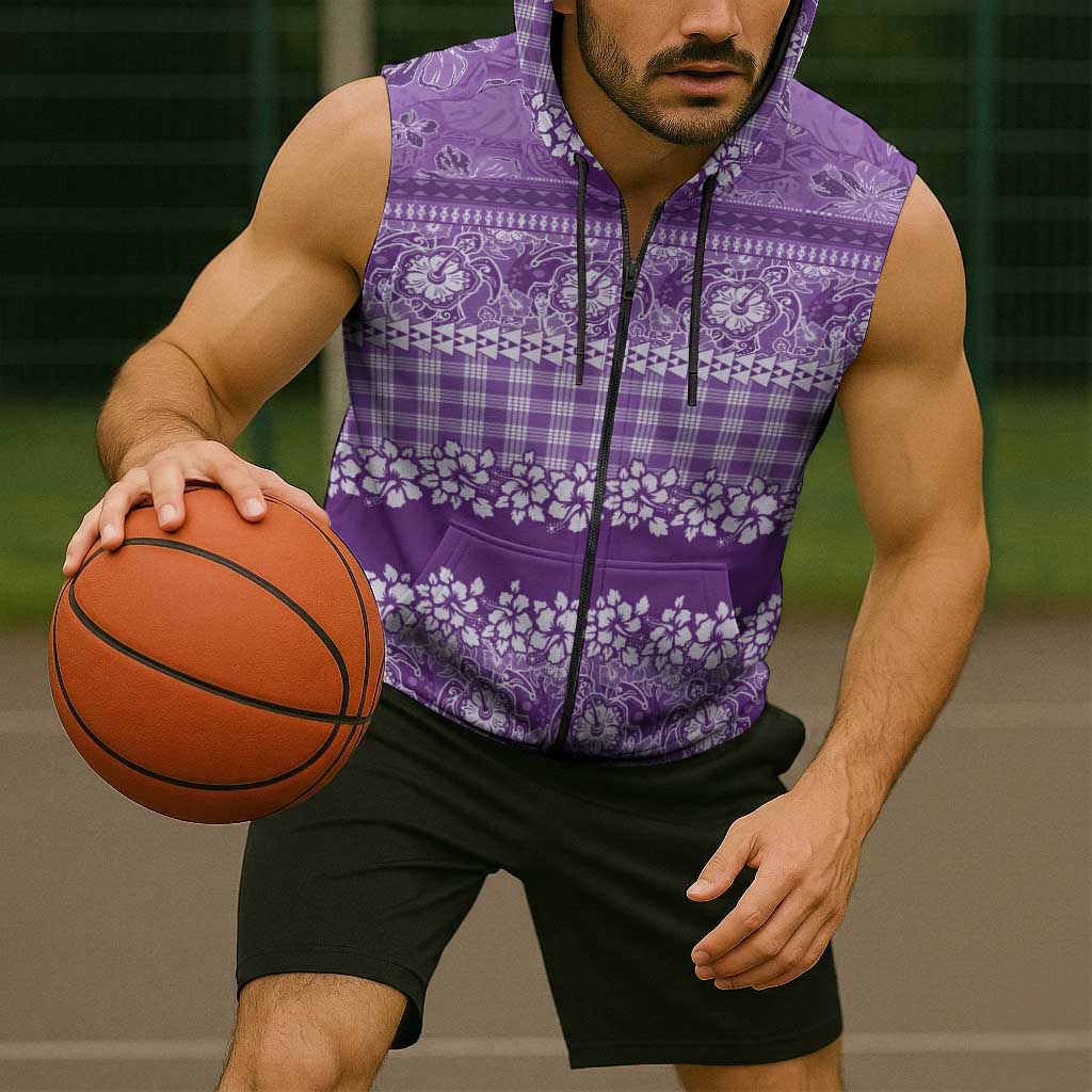 Hawaiian Hibiscus Honu Sleeveless Zip Hoodie Purple Mele Kalikimaka Palaka Spirit LT9 - Polynesian Pride