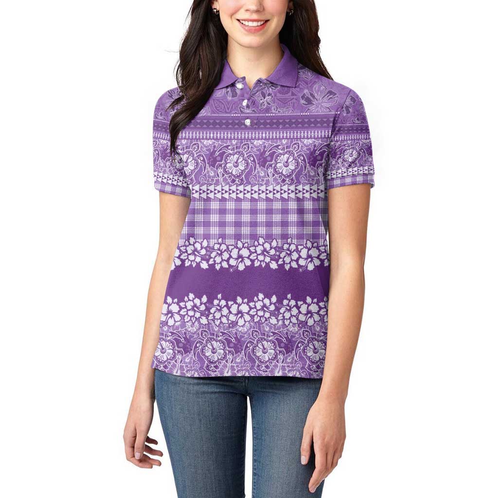 Hawaiian Hibiscus Honu Women Polo Shirt Purple Mele Kalikimaka Palaka Spirit - Polynesian Pride