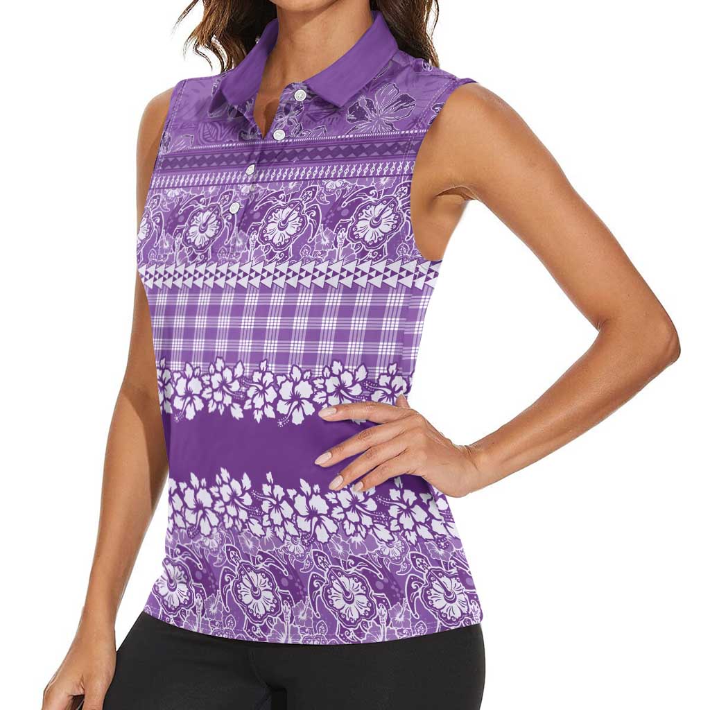 Hawaiian Hibiscus Honu Women Sleeveless Polo Shirt Purple Mele Kalikimaka Palaka Spirit LT9 - Polynesian Pride