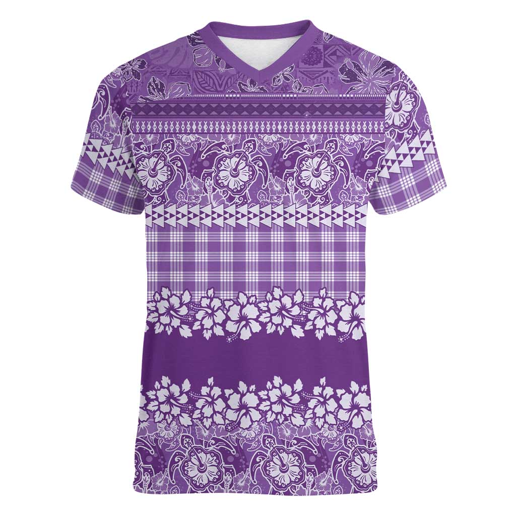Hawaiian Hibiscus Honu Women V-Neck T-Shirt Purple Mele Kalikimaka Palaka Spirit LT9 Female Purple - Polynesian Pride