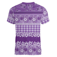 Hawaiian Hibiscus Honu Women V-Neck T-Shirt Purple Mele Kalikimaka Palaka Spirit LT9 - Polynesian Pride