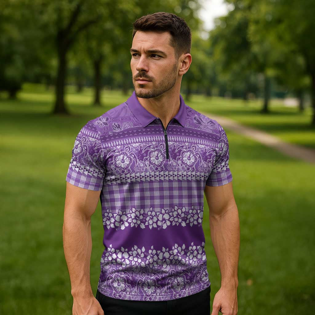 Hawaiian Hibiscus Honu Zipper Polo Shirt Purple Mele Kalikimaka Palaka Spirit LT9 - Polynesian Pride