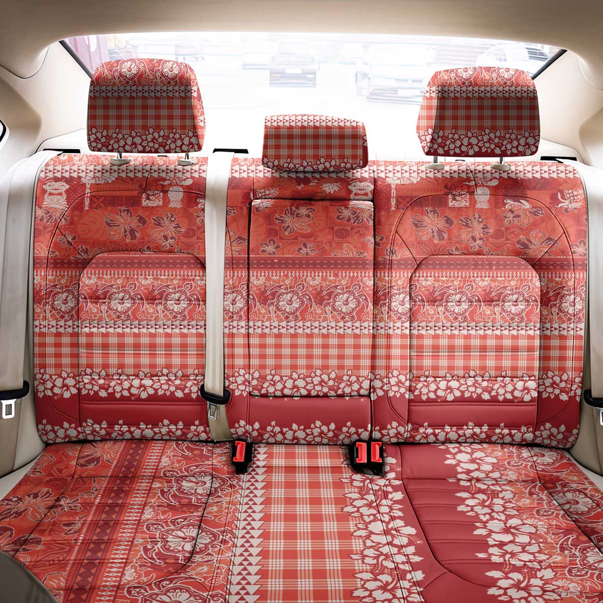 Hawaiian Hibiscus Honu Back Car Seat Cover Red Mele Kalikimaka Palaka Spirit - Polynesian Pride