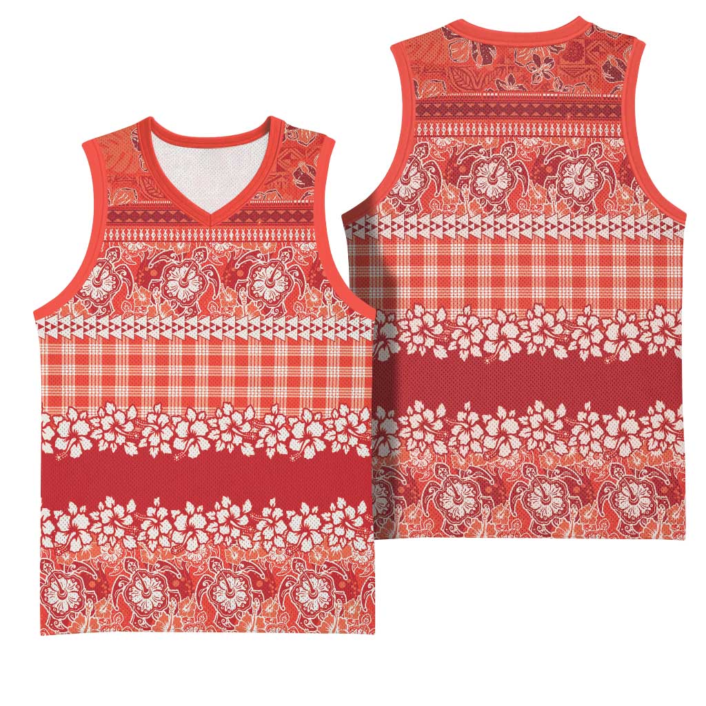 Hawaiian Hibiscus Honu Basketball Jersey Red Mele Kalikimaka Palaka Spirit LT9 - Polynesian Pride