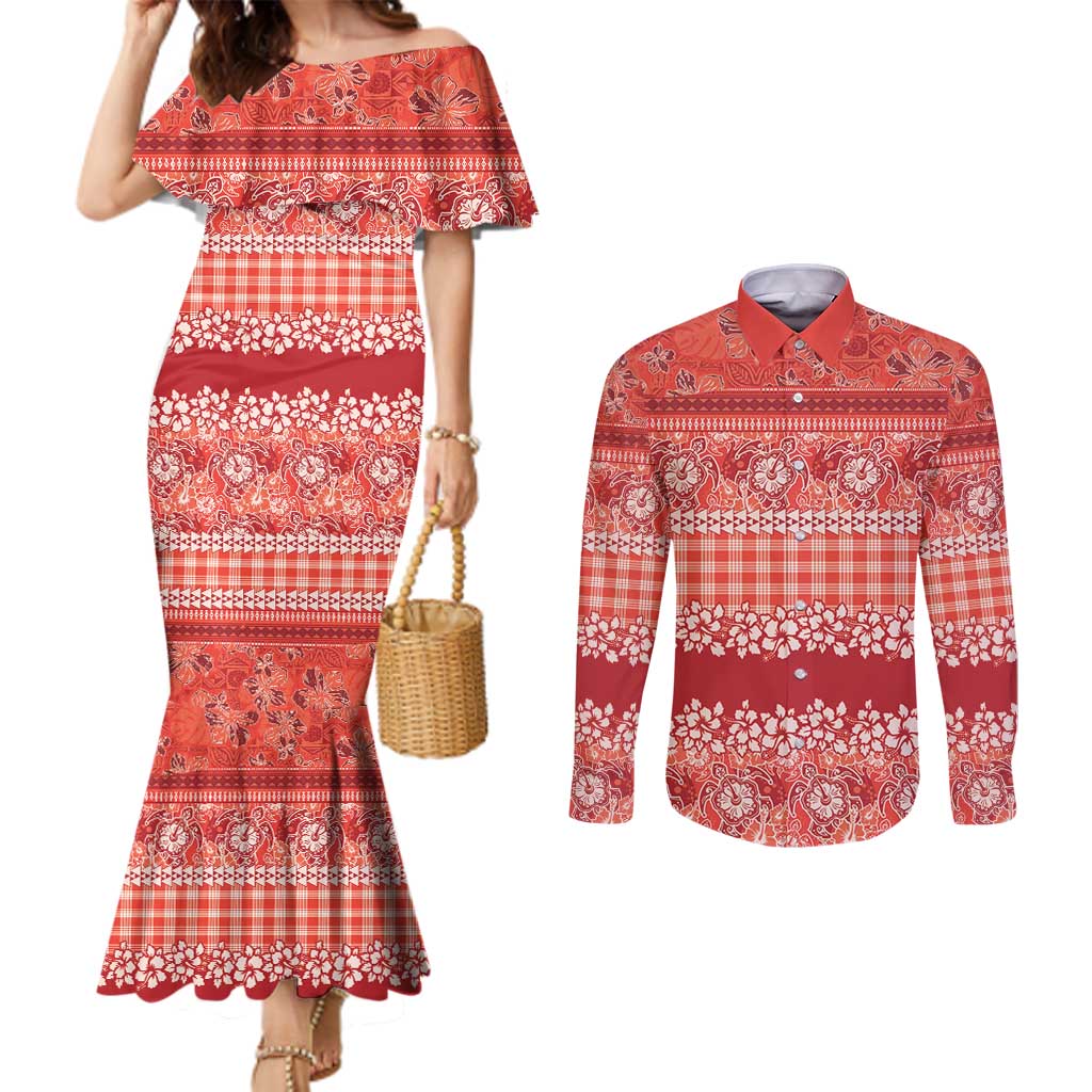 Hawaiian Hibiscus Honu Couples Matching Mermaid Dress and Long Sleeve Button Shirt Red Mele Kalikimaka Palaka Spirit LT9 Red - Polynesian Pride