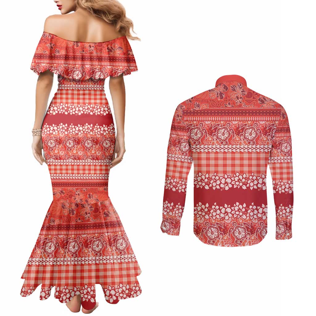 Hawaiian Hibiscus Honu Couples Matching Mermaid Dress and Long Sleeve Button Shirt Red Mele Kalikimaka Palaka Spirit LT9 - Polynesian Pride