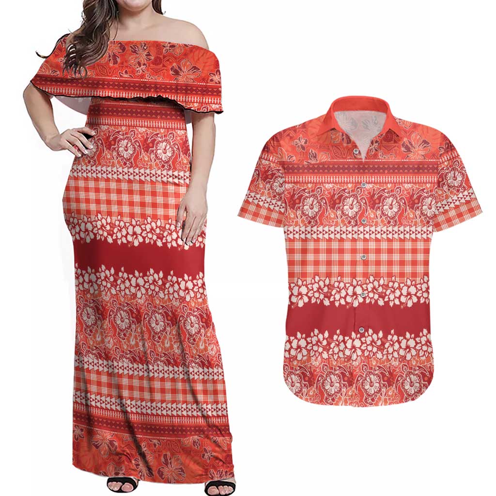 Hawaiian Hibiscus Honu Couples Matching Off Shoulder Maxi Dress and Hawaiian Shirt Red Mele Kalikimaka Palaka Spirit LT9 Red - Polynesian Pride