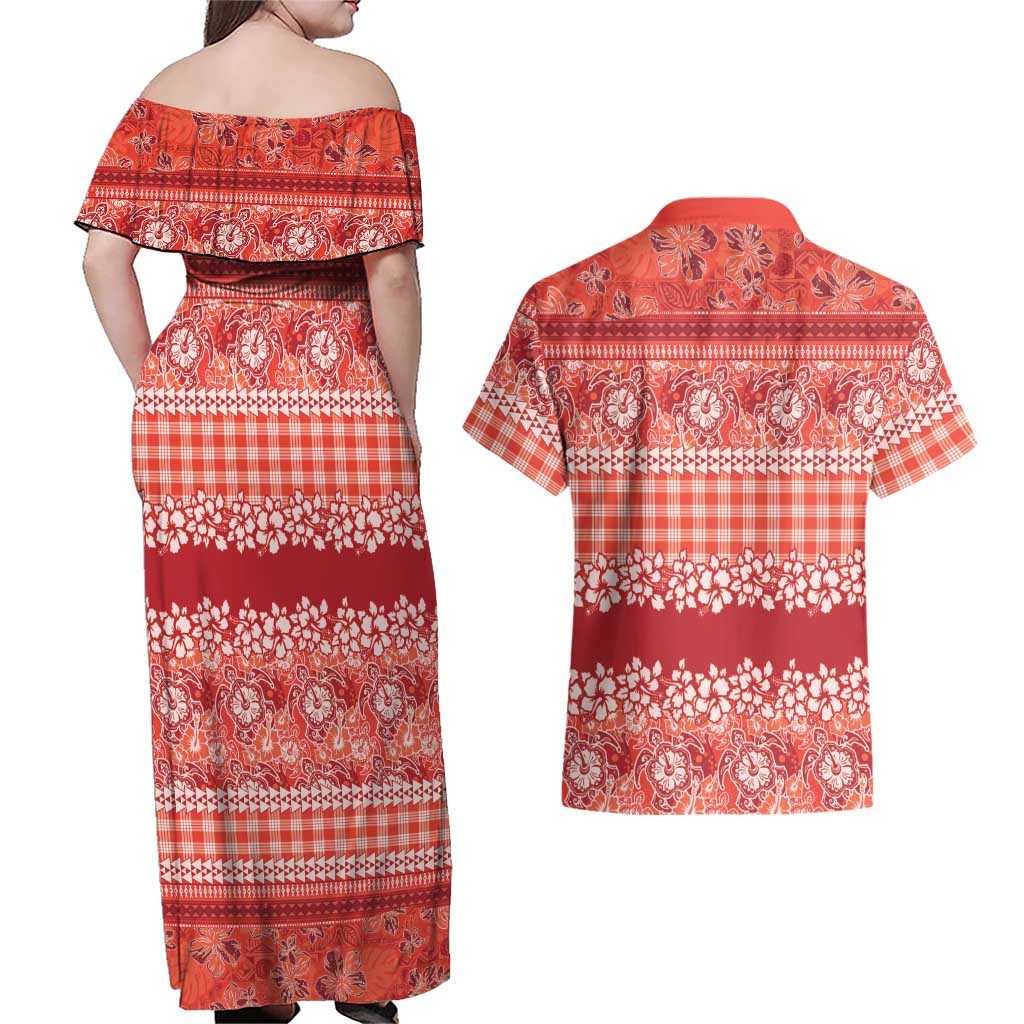 Hawaiian Hibiscus Honu Couples Matching Off Shoulder Maxi Dress and Hawaiian Shirt Red Mele Kalikimaka Palaka Spirit LT9 - Polynesian Pride