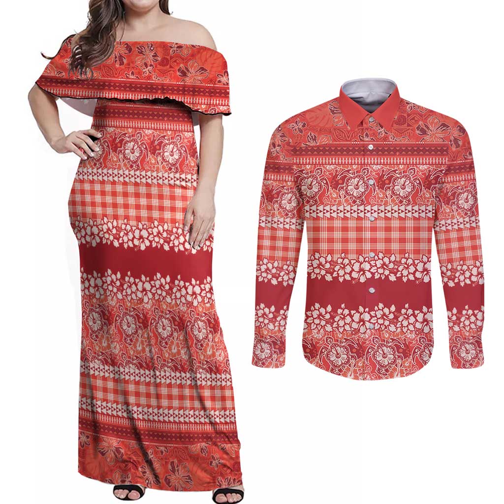 Hawaiian Hibiscus Honu Couples Matching Off Shoulder Maxi Dress and Long Sleeve Button Shirt Red Mele Kalikimaka Palaka Spirit LT9 Red - Polynesian Pride