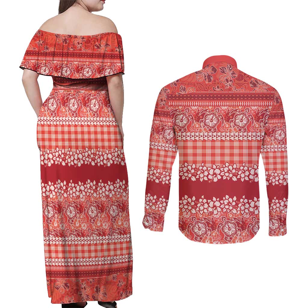Hawaiian Hibiscus Honu Couples Matching Off Shoulder Maxi Dress and Long Sleeve Button Shirt Red Mele Kalikimaka Palaka Spirit LT9 - Polynesian Pride
