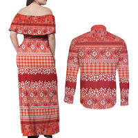 Hawaiian Hibiscus Honu Couples Matching Off Shoulder Maxi Dress and Long Sleeve Button Shirt Red Mele Kalikimaka Palaka Spirit LT9 - Polynesian Pride