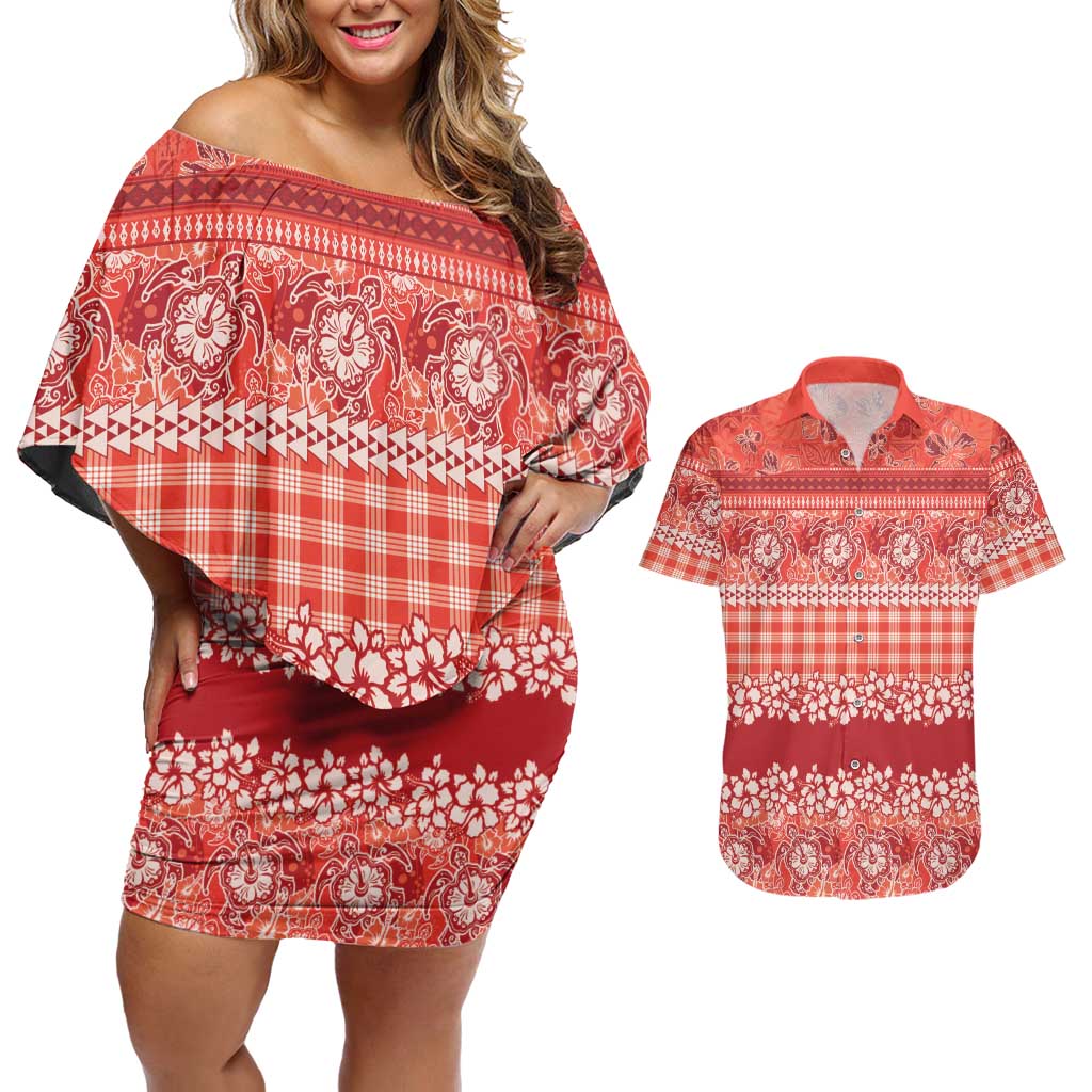 Hawaiian Hibiscus Honu Couples Matching Off Shoulder Short Dress and Hawaiian Shirt Red Mele Kalikimaka Palaka Spirit LT9 Red - Polynesian Pride