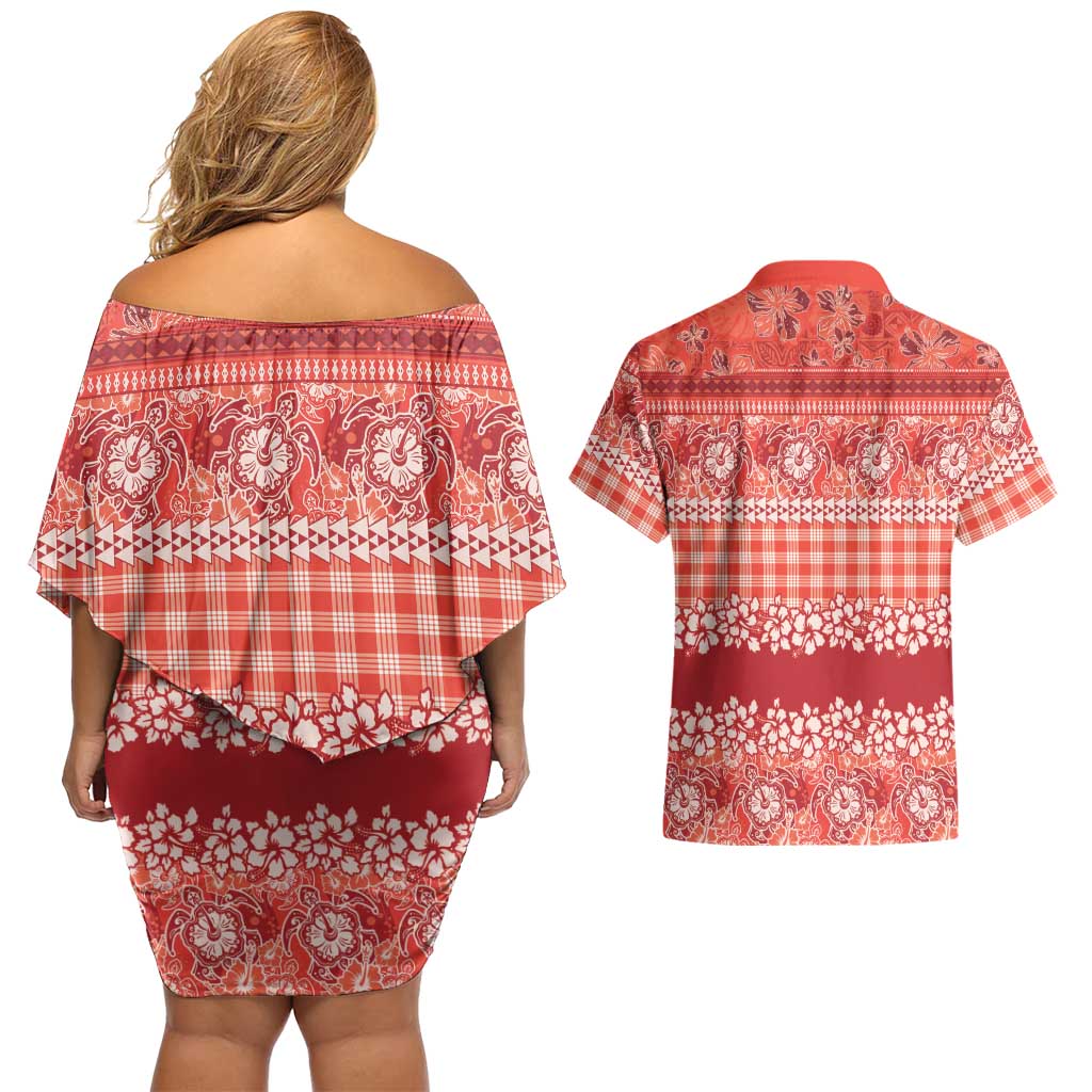 Hawaiian Hibiscus Honu Couples Matching Off Shoulder Short Dress and Hawaiian Shirt Red Mele Kalikimaka Palaka Spirit LT9 - Polynesian Pride