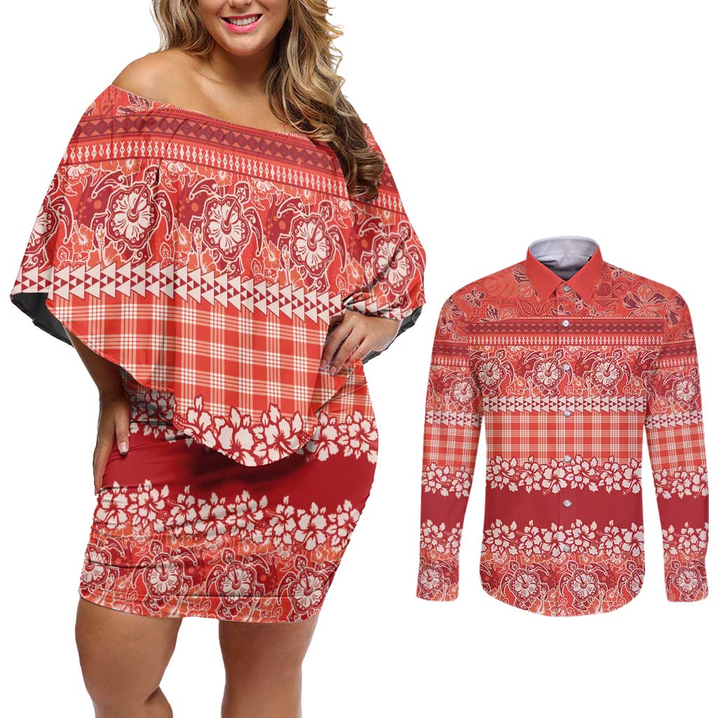 Hawaiian Hibiscus Honu Couples Matching Off Shoulder Short Dress and Long Sleeve Button Shirt Red Mele Kalikimaka Palaka Spirit LT9 Red - Polynesian Pride