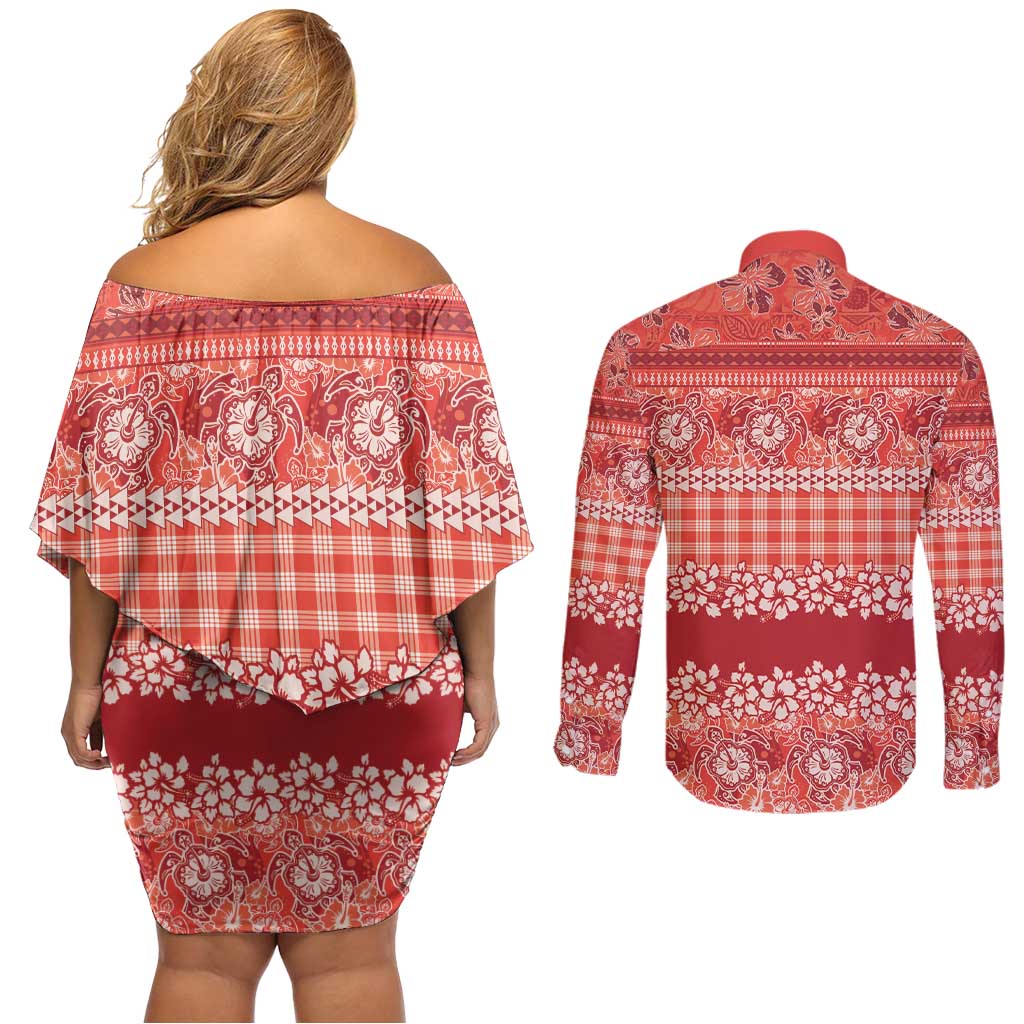 Hawaiian Hibiscus Honu Couples Matching Off Shoulder Short Dress and Long Sleeve Button Shirt Red Mele Kalikimaka Palaka Spirit LT9 - Polynesian Pride
