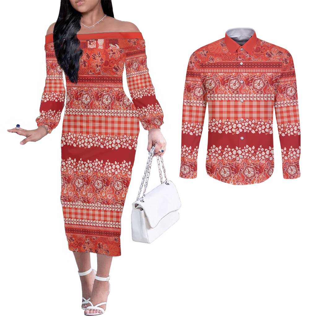 Hawaiian Hibiscus Honu Couples Matching Off The Shoulder Long Sleeve Dress and Long Sleeve Button Shirt Red Mele Kalikimaka Palaka Spirit LT9 Red - Polynesian Pride