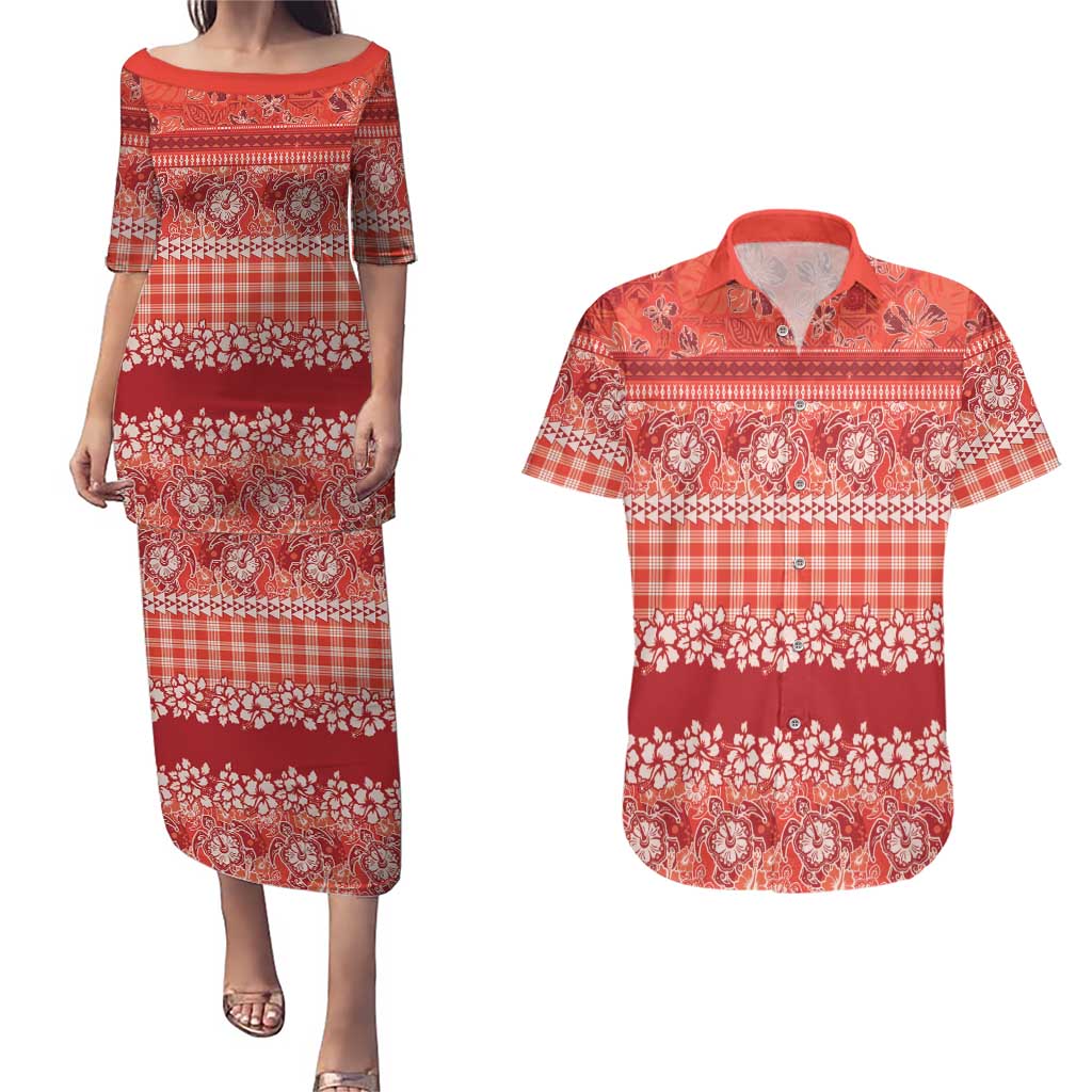 Hawaiian Hibiscus Honu Couples Matching Puletasi and Hawaiian Shirt Red Mele Kalikimaka Palaka Spirit LT9 Red - Polynesian Pride