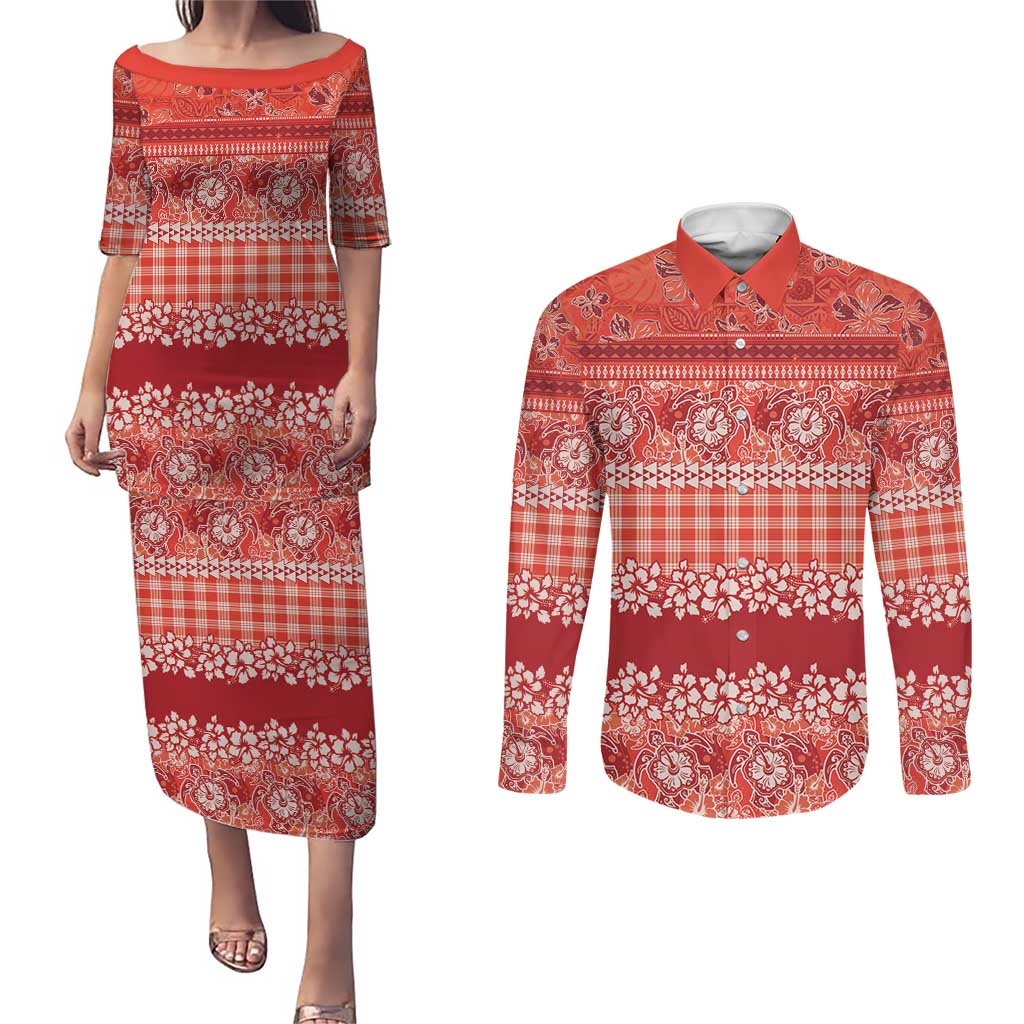 Hawaiian Hibiscus Honu Couples Matching Puletasi and Long Sleeve Button Shirt Red Mele Kalikimaka Palaka Spirit LT9 Red - Polynesian Pride