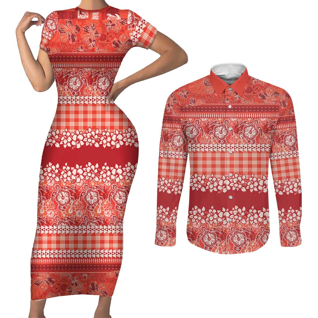 Hawaiian Hibiscus Honu Couples Matching Short Sleeve Bodycon Dress and Long Sleeve Button Shirt Red Mele Kalikimaka Palaka Spirit LT9 Red - Polynesian Pride