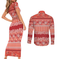 Hawaiian Hibiscus Honu Couples Matching Short Sleeve Bodycon Dress and Long Sleeve Button Shirt Red Mele Kalikimaka Palaka Spirit LT9 - Polynesian Pride