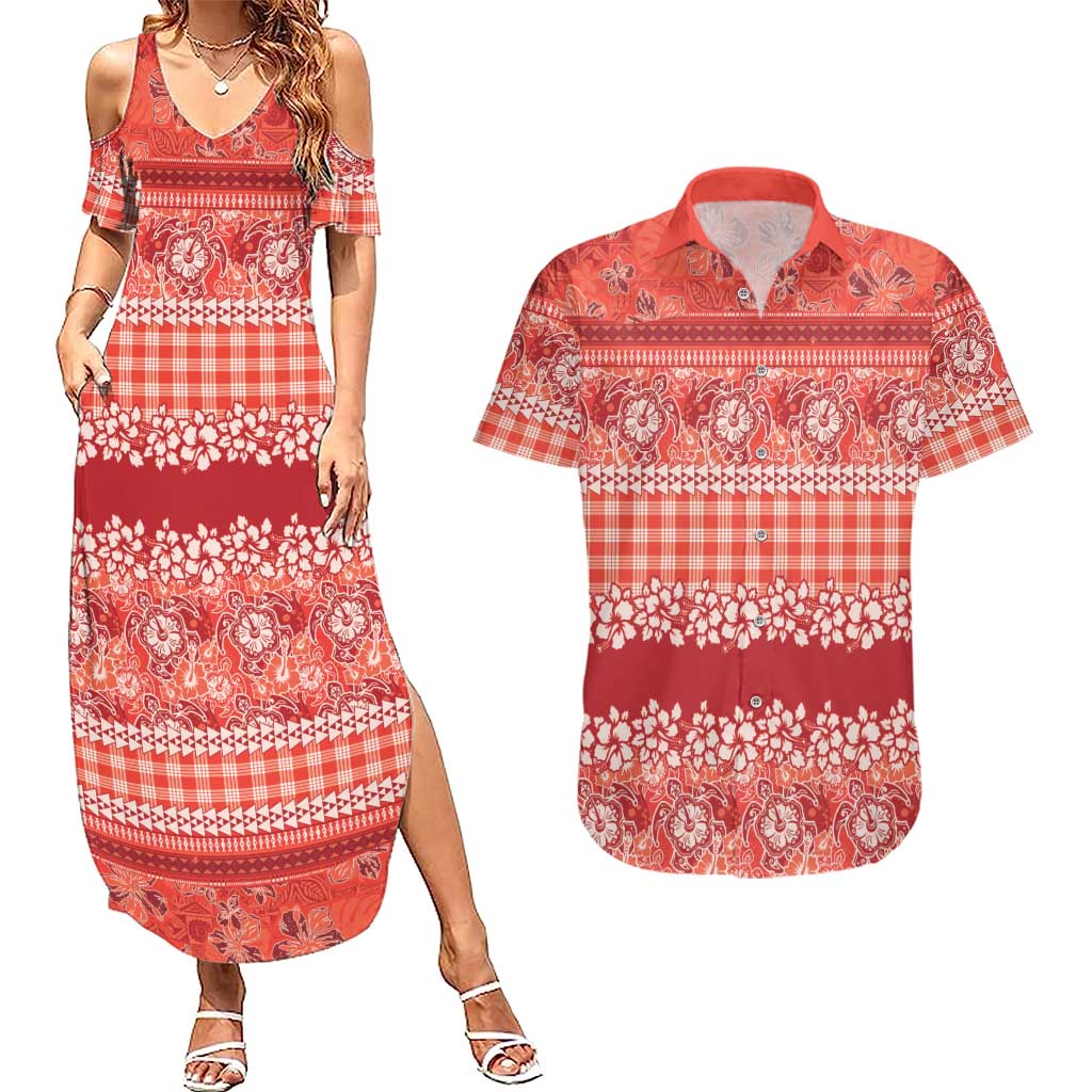 Hawaiian Hibiscus Honu Couples Matching Summer Maxi Dress and Hawaiian Shirt Red Mele Kalikimaka Palaka Spirit LT9 Red - Polynesian Pride