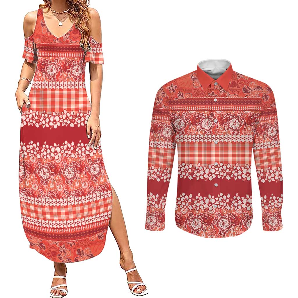 Hawaiian Hibiscus Honu Couples Matching Summer Maxi Dress and Long Sleeve Button Shirt Red Mele Kalikimaka Palaka Spirit LT9 Red - Polynesian Pride