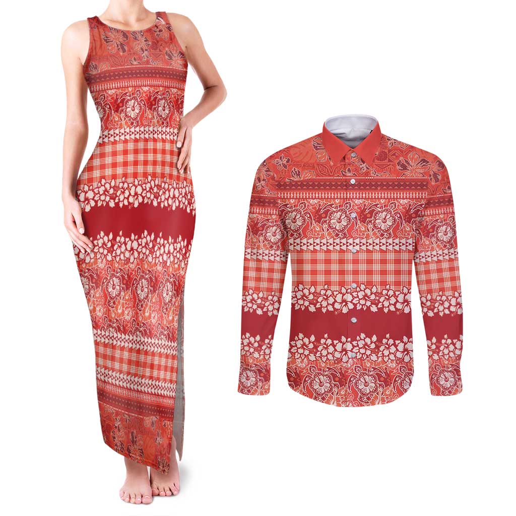 Hawaiian Hibiscus Honu Couples Matching Tank Maxi Dress and Long Sleeve Button Shirt Red Mele Kalikimaka Palaka Spirit LT9 Red - Polynesian Pride