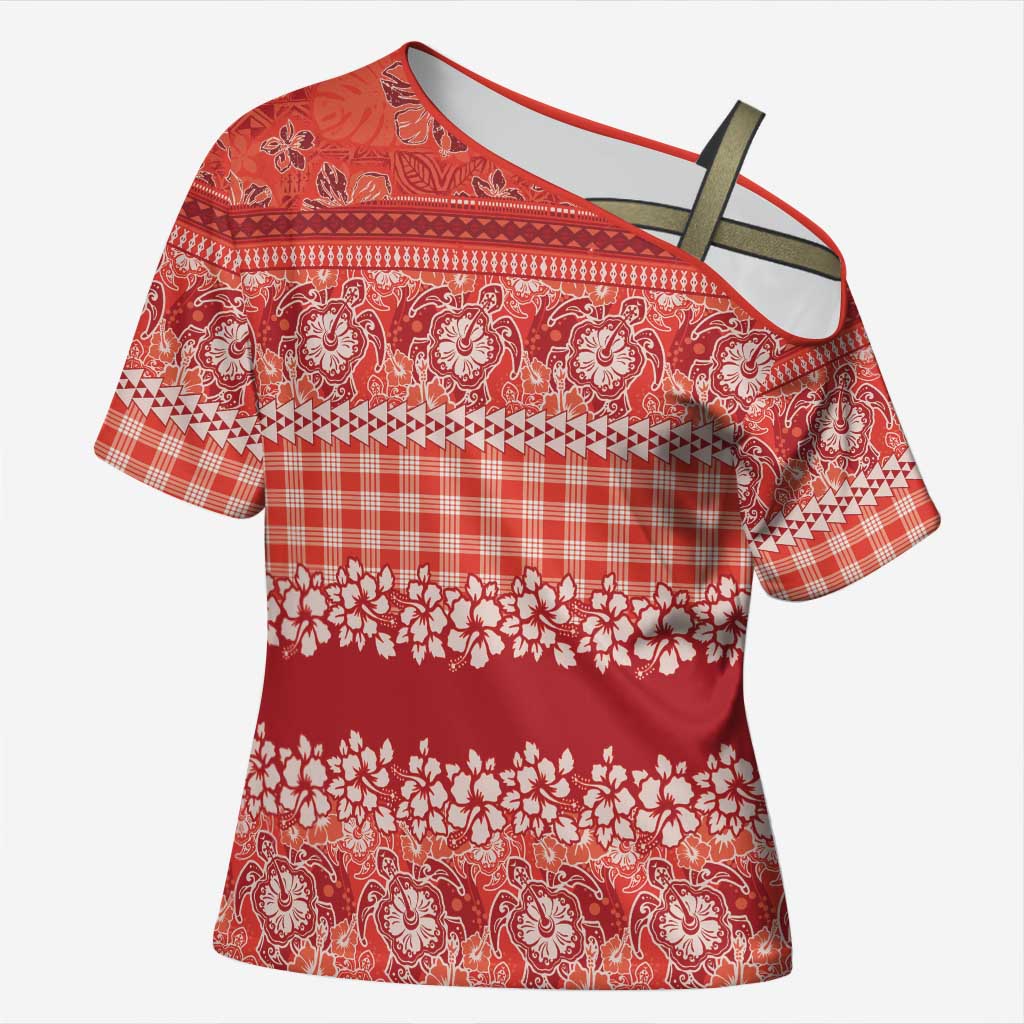 Hawaiian Hibiscus Honu Cross Shoulder Shirt Red Mele Kalikimaka Palaka Spirit - Polynesian Pride