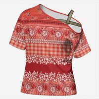 Hawaiian Hibiscus Honu Cross Shoulder Shirt Red Mele Kalikimaka Palaka Spirit - Polynesian Pride
