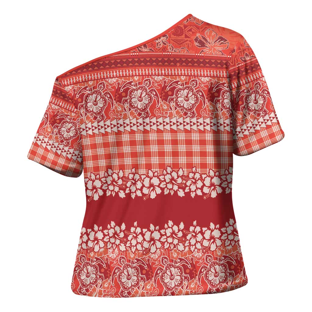 Hawaiian Hibiscus Honu Cross Shoulder Shirt Red Mele Kalikimaka Palaka Spirit - Polynesian Pride