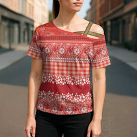 Hawaiian Hibiscus Honu Cross Shoulder Shirt Red Mele Kalikimaka Palaka Spirit - Polynesian Pride