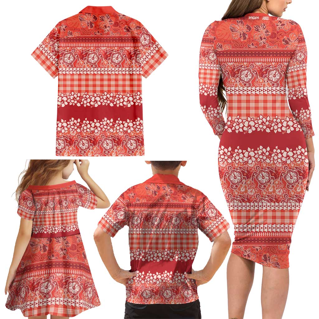 Hawaiian Hibiscus Honu Family Matching Long Sleeve Bodycon Dress and Hawaiian Shirt Red Mele Kalikimaka Palaka Spirit LT9 - Polynesian Pride