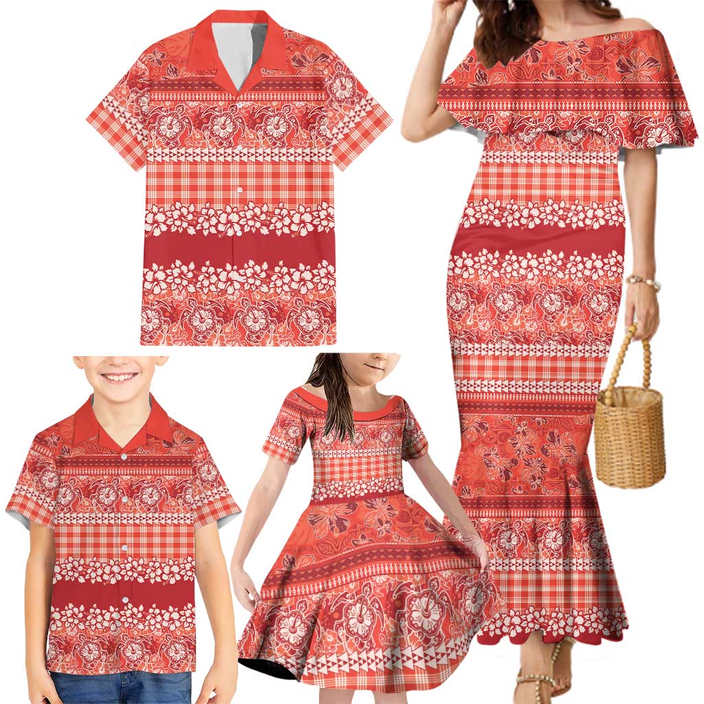 Hawaiian Hibiscus Honu Family Matching Mermaid Dress and Hawaiian Shirt Red Mele Kalikimaka Palaka Spirit LT9 - Polynesian Pride