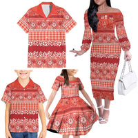 Hawaiian Hibiscus Honu Family Matching Off The Shoulder Long Sleeve Dress and Hawaiian Shirt Red Mele Kalikimaka Palaka Spirit LT9 - Polynesian Pride