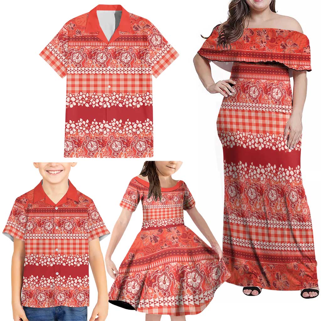 Hawaiian Hibiscus Honu Family Matching Off Shoulder Maxi Dress and Hawaiian Shirt Red Mele Kalikimaka Palaka Spirit LT9 - Polynesian Pride