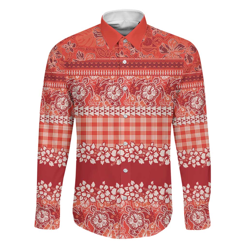 Hawaiian Hibiscus Honu Family Matching Off Shoulder Maxi Dress and Hawaiian Shirt Red Mele Kalikimaka Palaka Spirit LT9 Dad's Shirt - Long Sleeve Red - Polynesian Pride