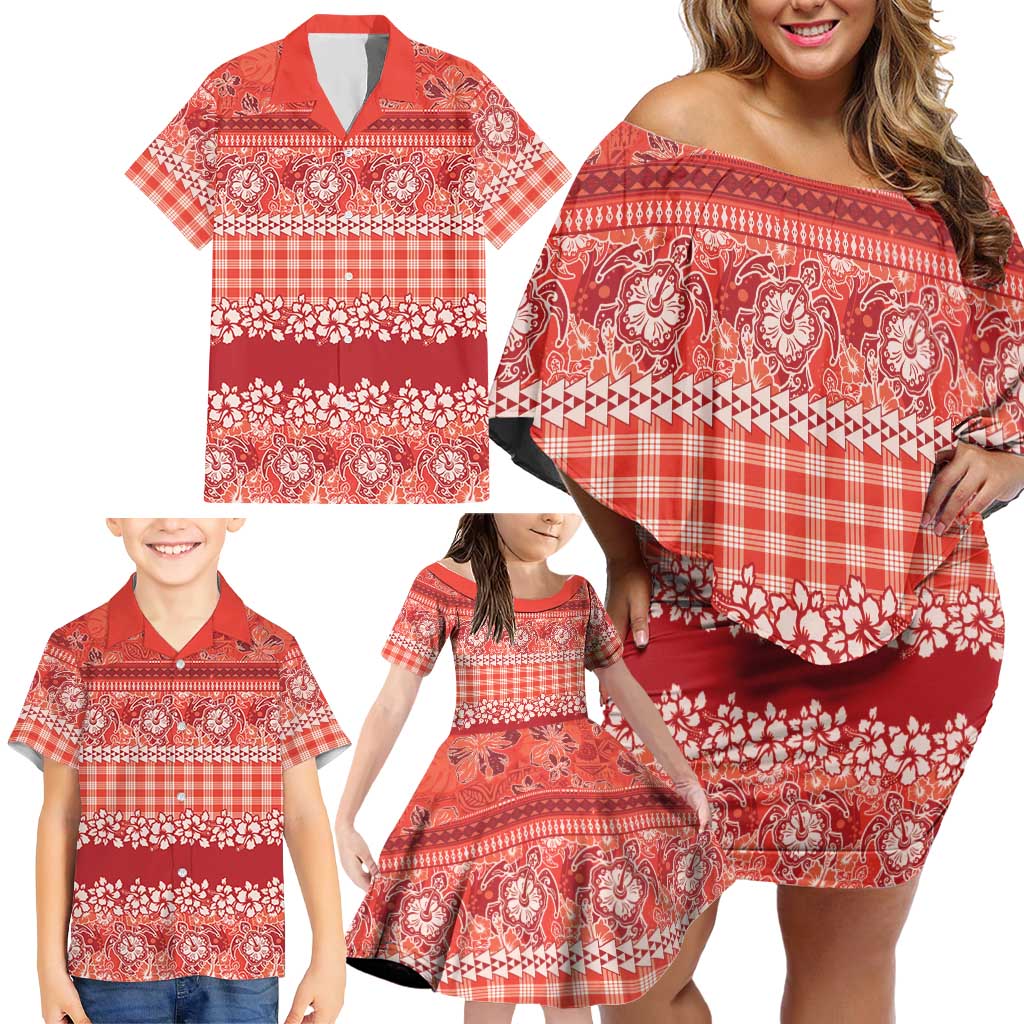 Hawaiian Hibiscus Honu Family Matching Off Shoulder Short Dress and Hawaiian Shirt Red Mele Kalikimaka Palaka Spirit LT9 - Polynesian Pride