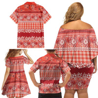 Hawaiian Hibiscus Honu Family Matching Off Shoulder Short Dress and Hawaiian Shirt Red Mele Kalikimaka Palaka Spirit LT9 - Polynesian Pride
