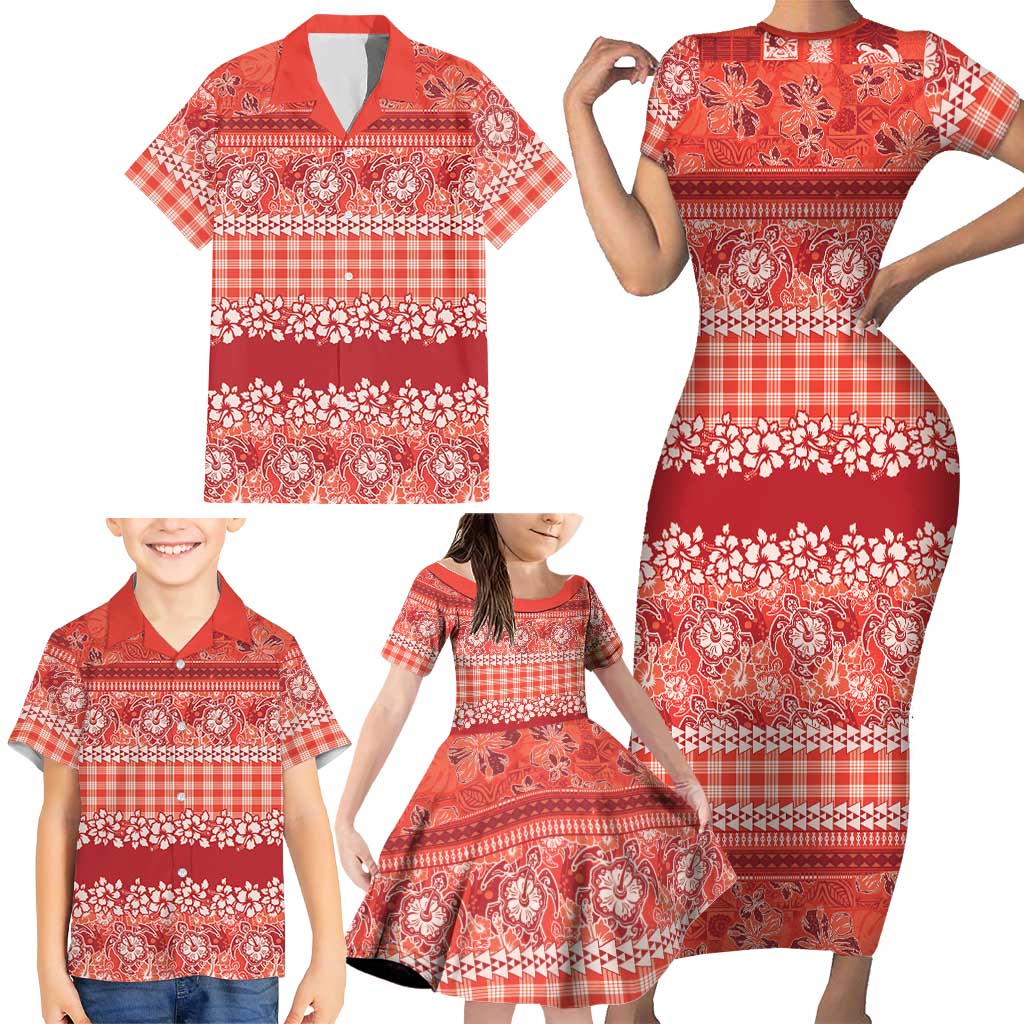 Hawaiian Hibiscus Honu Family Matching Short Sleeve Bodycon Dress and Hawaiian Shirt Red Mele Kalikimaka Palaka Spirit LT9 - Polynesian Pride
