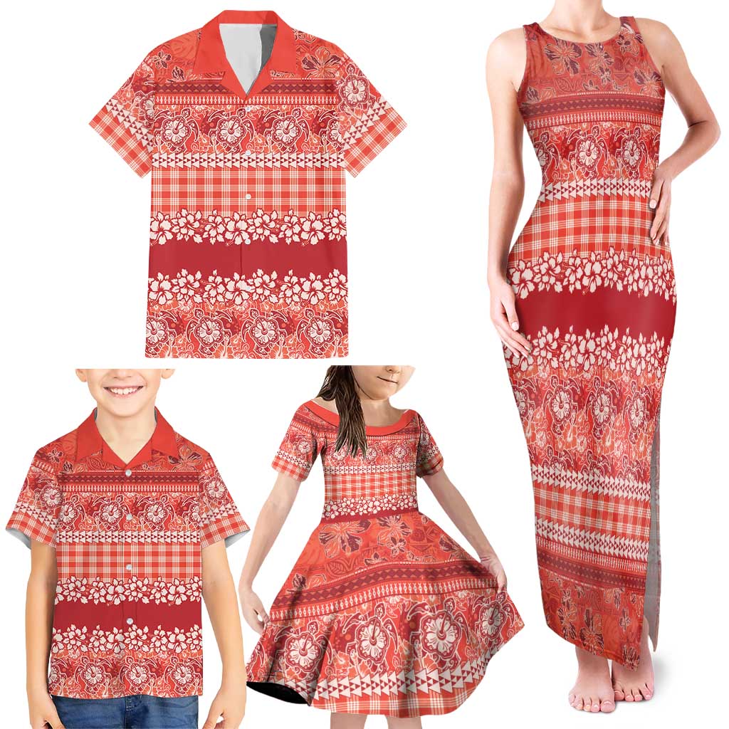 Hawaiian Hibiscus Honu Family Matching Tank Maxi Dress and Hawaiian Shirt Red Mele Kalikimaka Palaka Spirit LT9 - Polynesian Pride