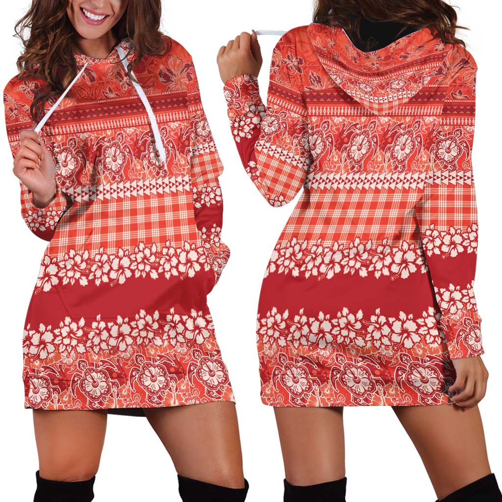Hawaiian Hibiscus Honu Hoodie Dress Red Mele Kalikimaka Palaka Spirit LT9 - Polynesian Pride