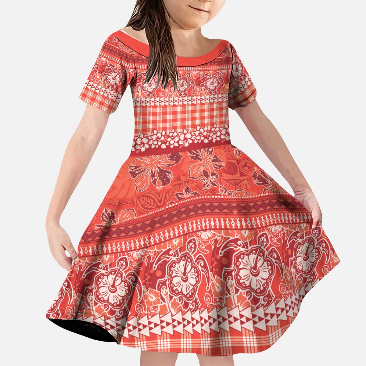 Hawaiian Hibiscus Honu Kid Short Sleeve Dress Red Mele Kalikimaka Palaka Spirit LT9 KID Red - Polynesian Pride