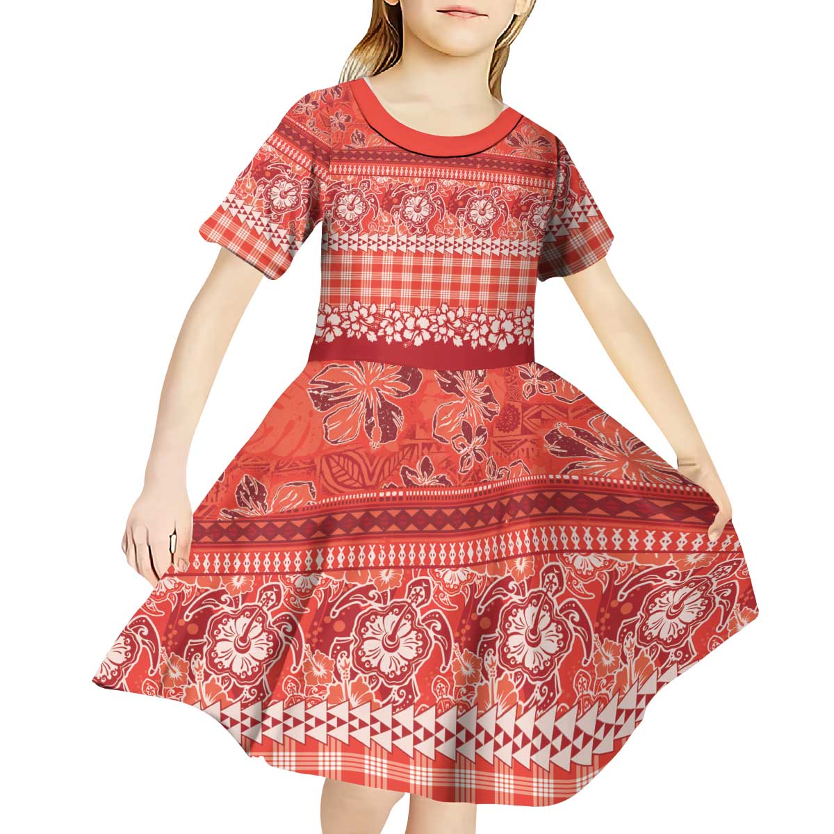 Hawaiian Hibiscus Honu Kid Short Sleeve Dress Red Mele Kalikimaka Palaka Spirit LT9 - Polynesian Pride
