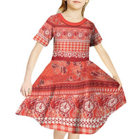 Hawaiian Hibiscus Honu Kid Short Sleeve Dress Red Mele Kalikimaka Palaka Spirit LT9 - Polynesian Pride