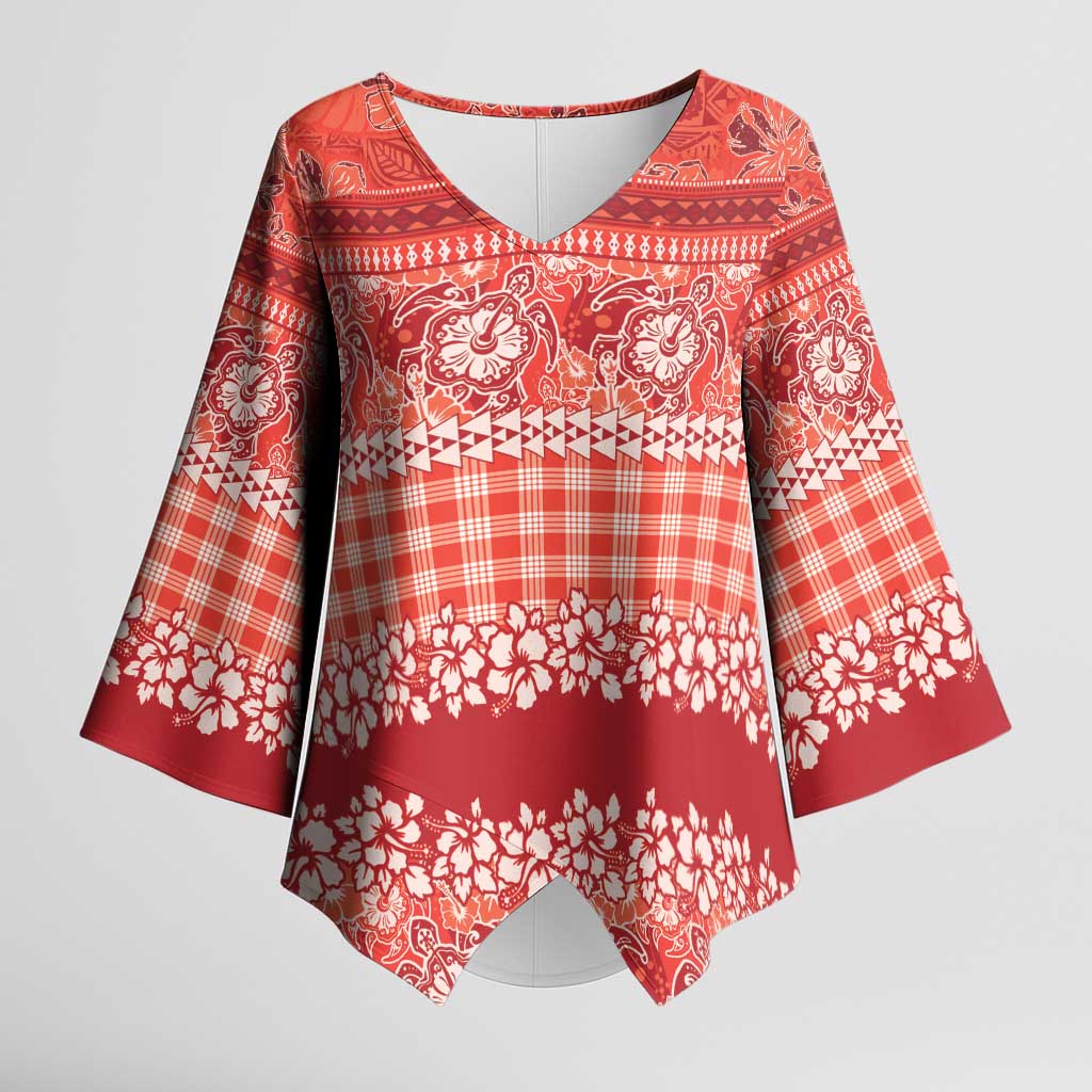 Hawaiian Hibiscus Honu Kimono Sleeve Blouse Red Mele Kalikimaka Palaka Spirit - Polynesian Pride