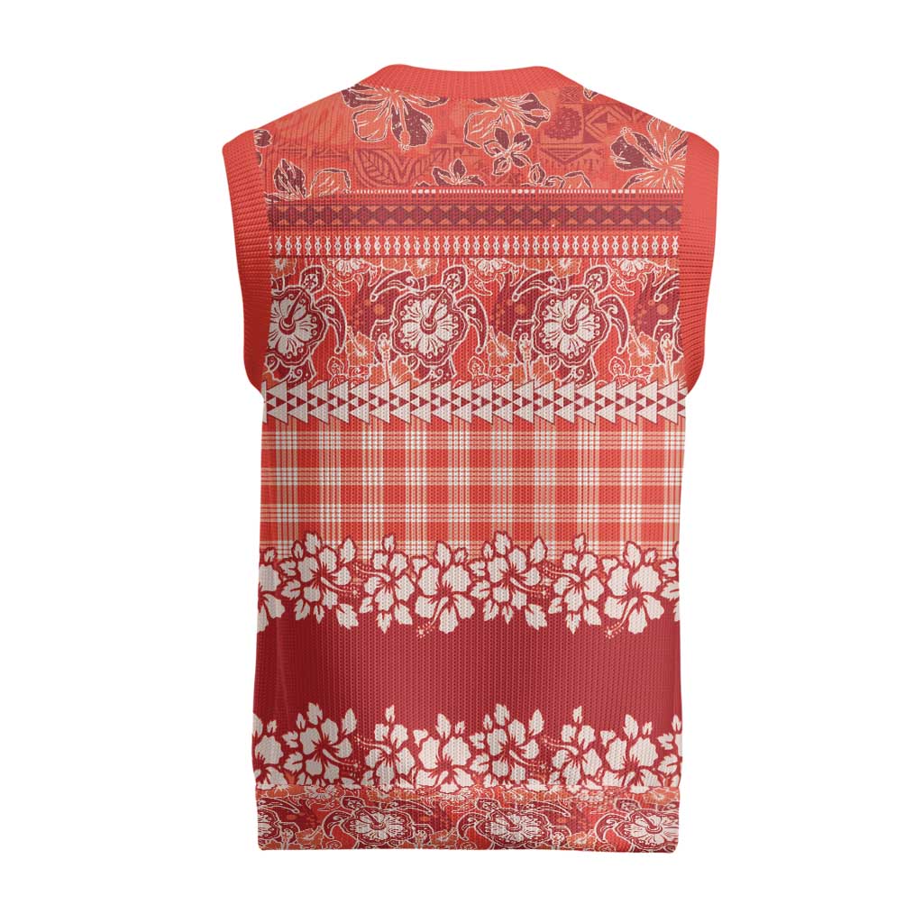 Hawaiian Hibiscus Honu Christmas Knitted V-Neck Vest Red Mele Kalikimaka Palaka Spirit LT9 - Polynesian Pride