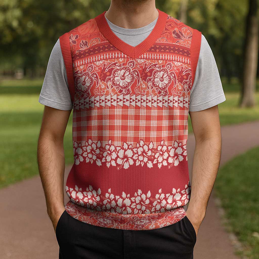 Hawaiian Hibiscus Honu Christmas Knitted V-Neck Vest Red Mele Kalikimaka Palaka Spirit LT9 - Polynesian Pride