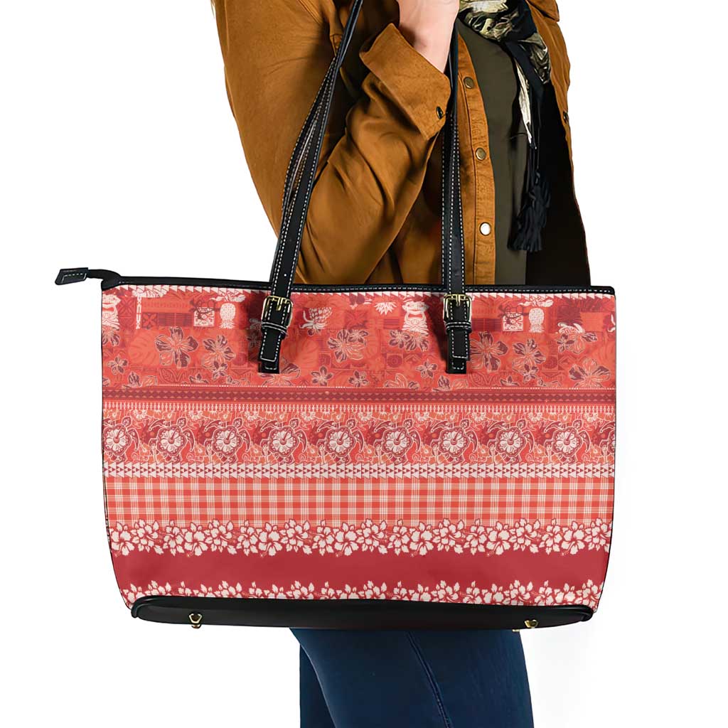 Hawaiian Hibiscus Honu Leather Tote Bag Red Mele Kalikimaka Palaka Spirit - Polynesian Pride